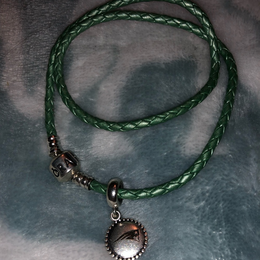 Light green leather roped pandora bracelet w/ NE Patriots charm